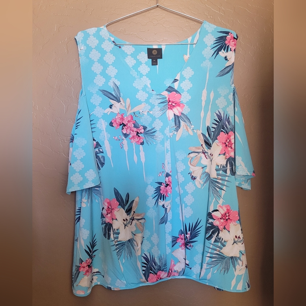 JM Collection Tropical Floral Cold Shoulder Blouse – Aqua Blue – Size XXL